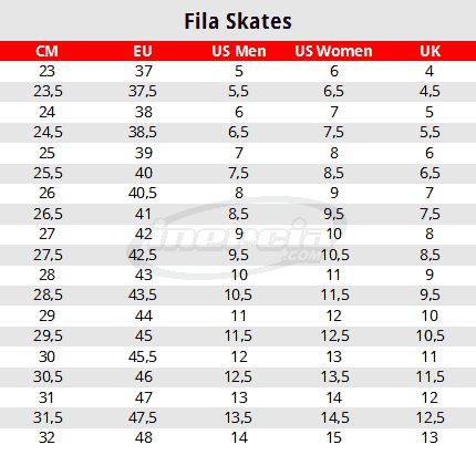 Fila Skates Sizing Chart